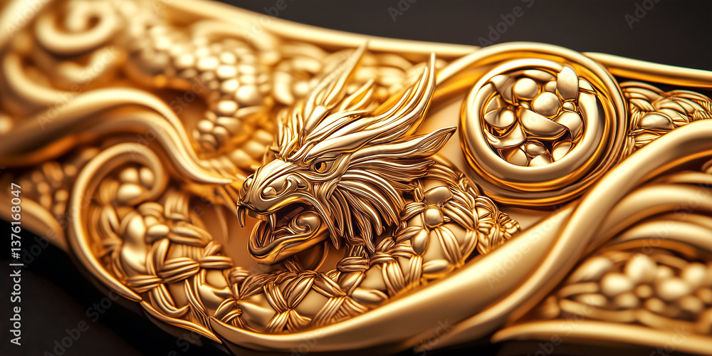 Poster golden dragon ornament features intricate detailing and craftsmanship. elegant design with fine text