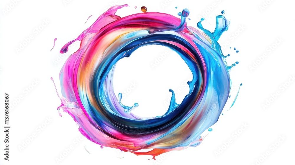 Poster abstract circle liquid motion flow explosion. curved wave colorful pattern with paint drops on white
