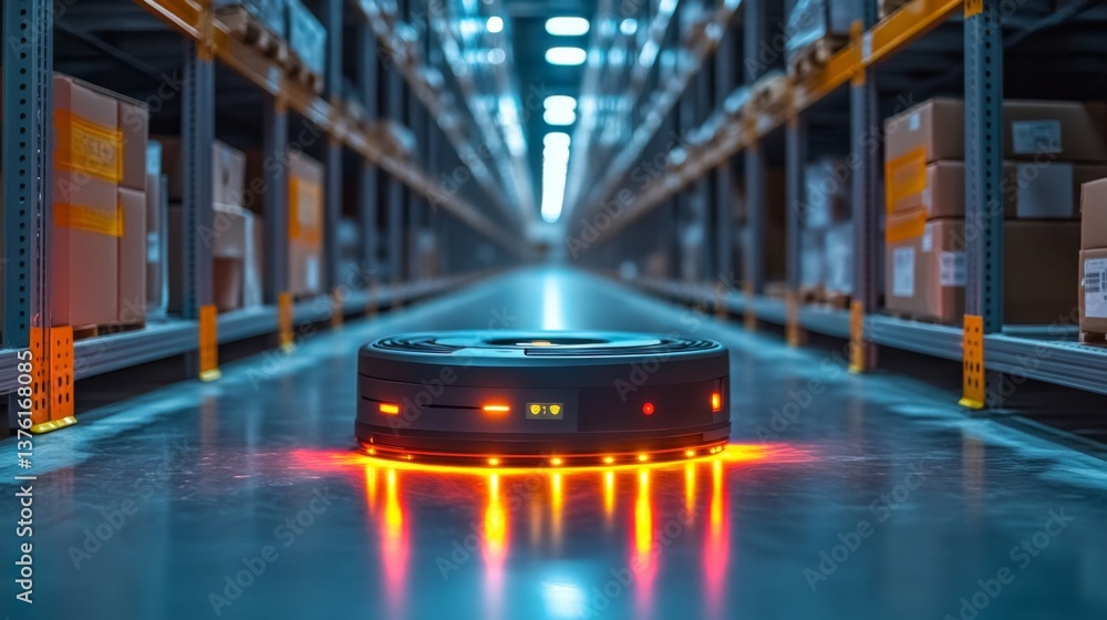 Poster a robotic device navigates through a well organized warehouse, delivering goods and optimizing fulfi