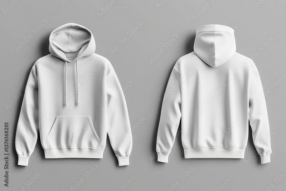 Poster stylish unbranded hoodie displayed from the front and back on a simple gray background