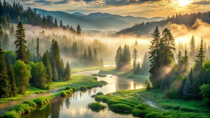 Serene Sunrise Over Misty River Valley with Lush Green Meadows and Towering Evergreen Trees