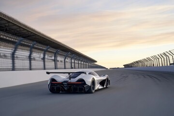 Obraz premium Sleek sports car racing down empty track under stunning sunset s