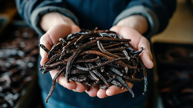 Hands holding a generous pile of fresh, aromatic vanilla beans ready for use.