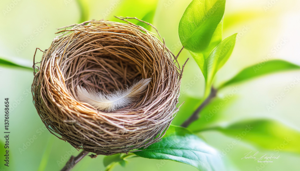 Poster serene image of an empty bird's nest nestled in vibrant green foliage, a single feather rests inside