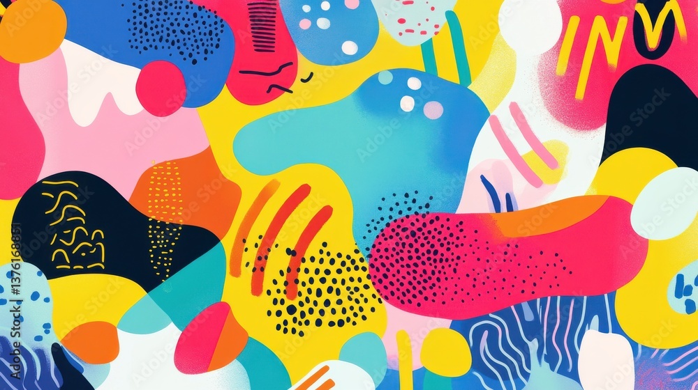 Poster a colorful abstract background with a lot of different shapes and colors. risograph effect, trendy r