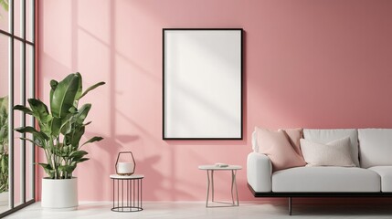 A minimalist living room with a soft blush pink wall, showcasing a framed poster mockup in a pure white frame with a black border. The poster is ISO A paper size illustration