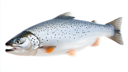 Obraz premium a side view of a single brown trout with dark spots against a white background. the fish features iridescent scales and reddish orange fins.