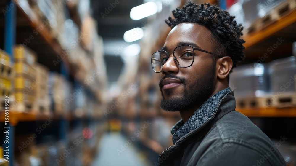 Poster a young man stands in a busy warehouse, overseeing logistics operations. he is engaged in the fulfil