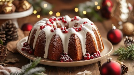 Decorated bundt cake on a holiday table 
