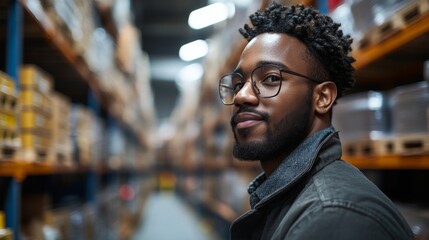 A young man stands in a busy warehouse, overseeing logistics operations. He is engaged in the fulfillment process within a vast inventory storage area, ensuring efficiency.