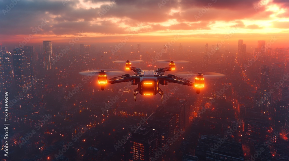 Fototapete a drone operates during sunset, navigating through a vibrant city skyline while engaged in last mile