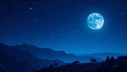 Dark blue night sky with twinkling stars and full moon, blue, illustration