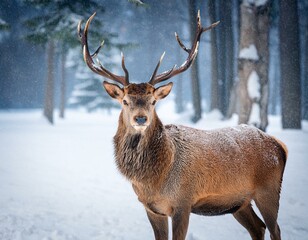 Proud Noble Deer male in winter snow forest. Winter christmas image.
