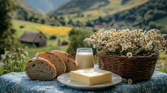 on a white porcelain plate was a rectangular piece of butter, next to it was a basket of bread and a glass of milk