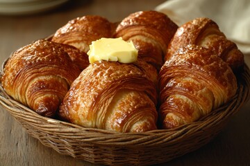 Fototapeta premium Freshly baked croissants with golden flaky layers served warm in a woven basket alongside a dollop of creamy butter Generative AI