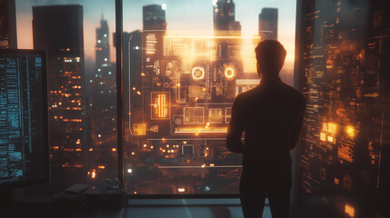 A lone programmer contemplates a futuristic cityscape, bathed in warm golden hues from a towering office window, viewing complex digital schematics.