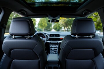Elegant car interior featuring leather seats and panoramic sunroof, offering a view of the dashboard and blurred green background, concept of comfort. Ai generative
