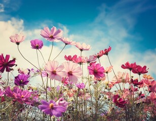 Purple, pink, red, cosmos flowers in the garden with blue sky and clouds