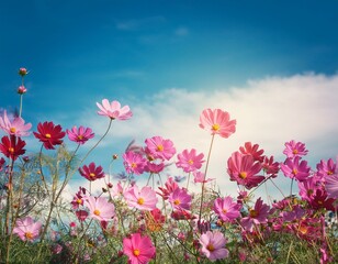Purple, pink, red, cosmos flowers in the garden with blue sky and clouds