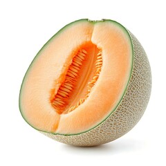 Melon Slice: Close-up shot of a fresh, juicy cantaloupe slice, showcasing its vibrant orange flesh, textured rind, and seeds, offering a refreshing and healthy treat.