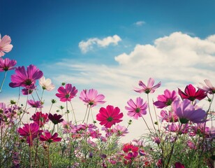 Obraz premium Purple, pink, red, cosmos flowers in the garden with blue sky and clouds
