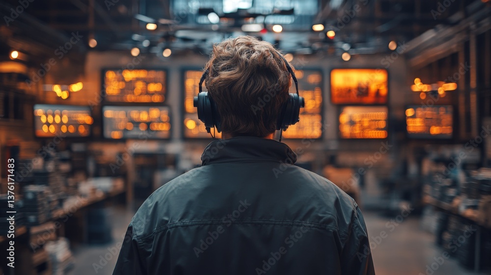 Poster a person wearing headphones observes the vibrant operations inside a logistics center. automated sys