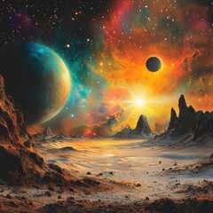 Alien landscape with vibrant nebula and planets