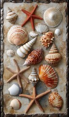 Decorative Mosaic Featuring Seashells and Starfish Arranged on a Textured Background