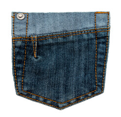 Piece of torn denim on a white background. Denim texture. Pocket