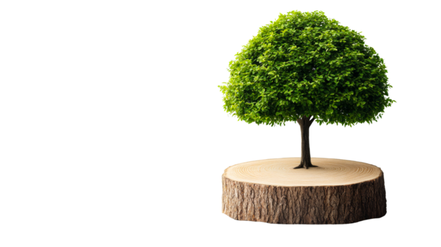 Tree on tree stump, environmental concept, black backdrop, cut out transparent