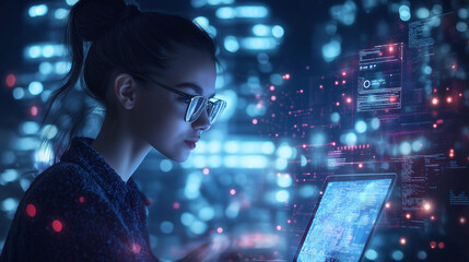 A focused young programmer immersed in a digital world, coding late into the night amidst a vibrant, blurred cityscape backdrop of glowing neon lights.