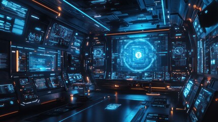 Obraz premium Interior view of a futuristic command center with digital displays