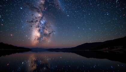 Naklejka premium A captivating night sky filled with stars and the Milky Way reflecting on still water.