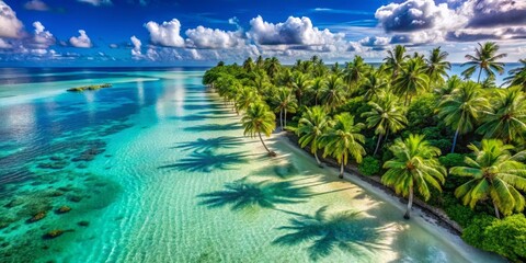 Serene tropical beach paradise with lush palm trees casting shadows on pristine turquoise water under a vibrant sky