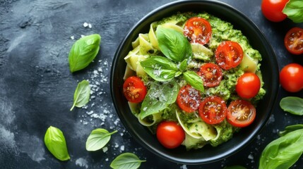 Delicious pasta with basil pesto and cherry tomatoes in a black bowl on a dark countertop