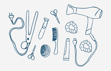 hand drawn doodles of hair dryer, straightener, scissors, shaver, comb, brush. beauty salon items. Vector illustration