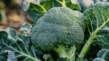 Fresh broccoli plant still attached to stalk and leaves 
