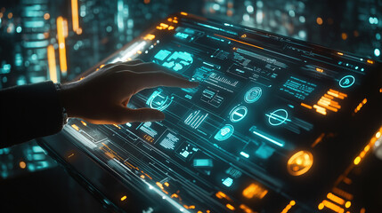 A hand gracefully interacts with a futuristic holographic interface, navigating a complex digital world with glowing teal and amber data streams.