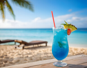 Summer holiday concept. A blue Hawaii soda cocktail on a blurred tropical beach with a blue sky background, a beautiful sight.
