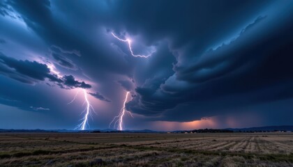 A spectacular view of a thunderstorm over a flat landscape, with lightning striking.