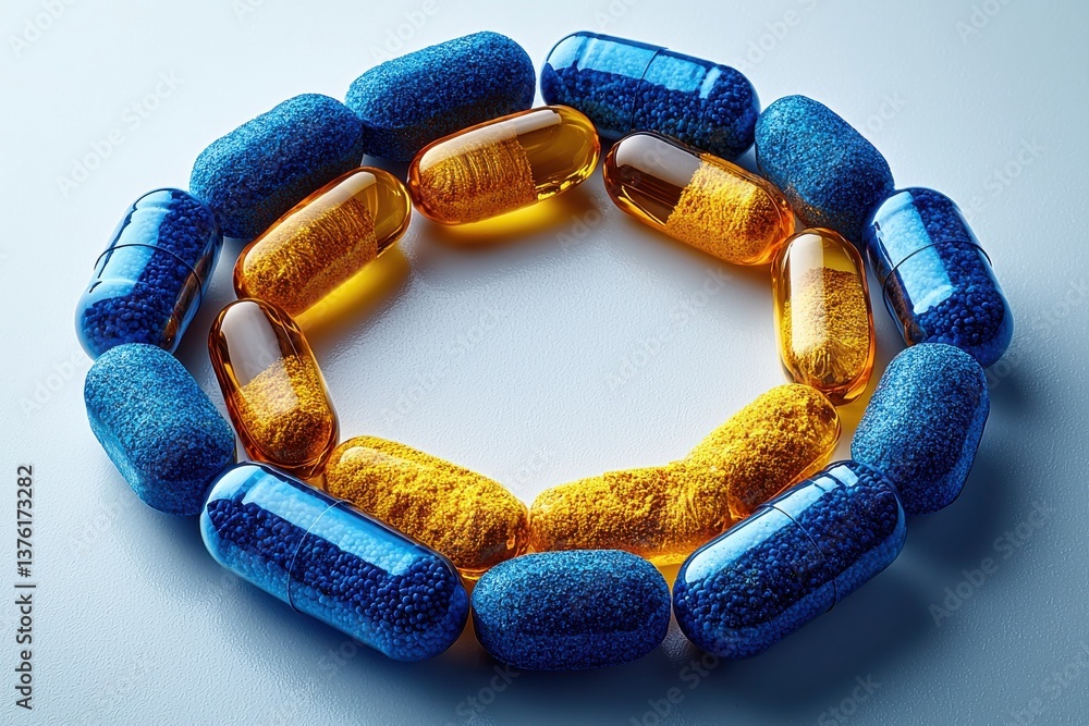 Poster colorful arrangement of supplement capsules forms a circular pattern on a light surface