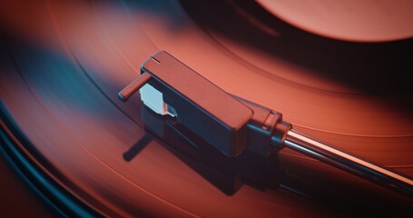 Vinyl Record Spinning On Vintage Turntable, Playing Classic Music or Authentic Analog Music. Vinyl...