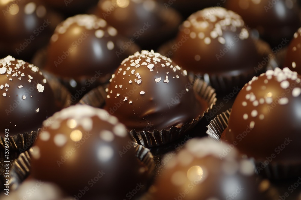 Poster delicious chocolate truffles adorned with sea salt in a bakery display case during an evening event