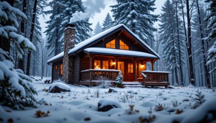 A cozy cabin in the woods surrounded by fresh snowfall, with smoke rising from the chimney.
