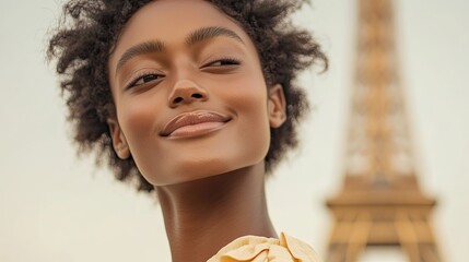 Smiling woman with curly hair poses against iconic Eiffel Tower