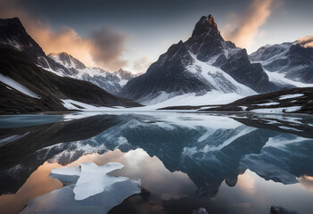 A dramatic mountain landscape with a frozen lake reflecting the icy peaks above.