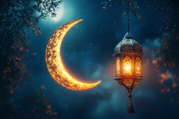Moonlit Night With Decorative Lantern Illuminating a Crescent Moon