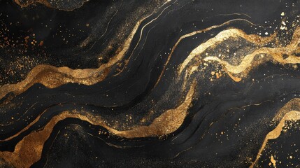 Luxury grain noise texture with an abstract golden flow wave on a black background. illustration