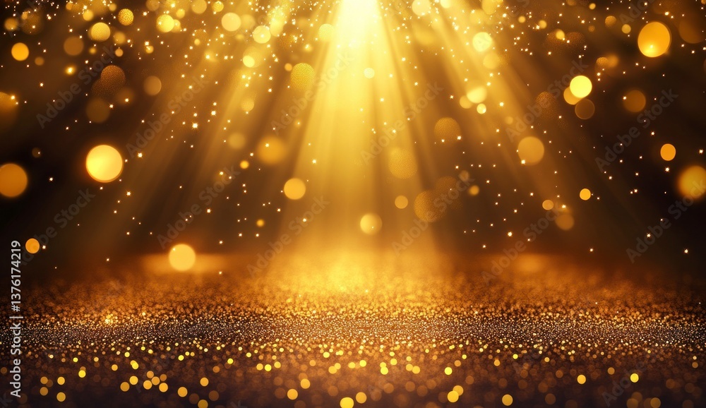 Poster golden light shining on glitter floor with bokeh background creating magic