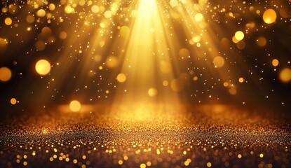 Golden Light Shining on Glitter Floor with Bokeh Background Creating Magic